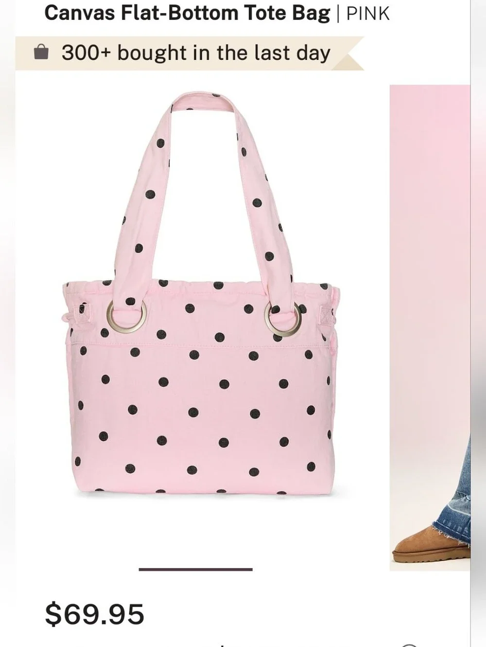 PINK Victoria's Secret Canvas Flat Bottom Tote Bag In Pink Dot NEW MSRP $69.95